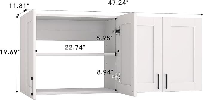 White Laundry Room Cabinets and Storage with 4 Doors and Utility Adjustable Shelf，Gabinetes Para Cocina Cupboard Kitchen Organizers and Storage Pantry Wall Mounted 12.4"D x 47.2"W x 19.7"H-Ruum Studio Home