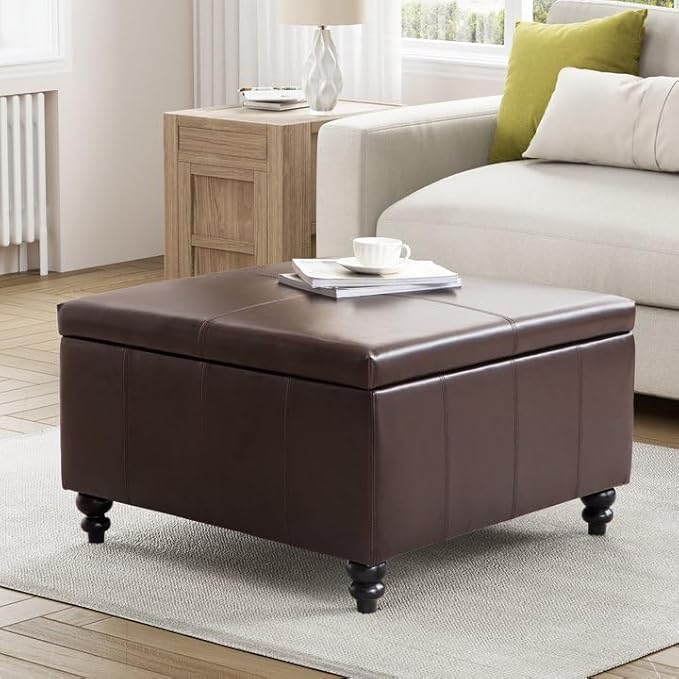 HUIMO Square Leather Storage Ottoman,Ottoman Coffee Table with Storage for Living Room (Brown)-Ruum Studio Home