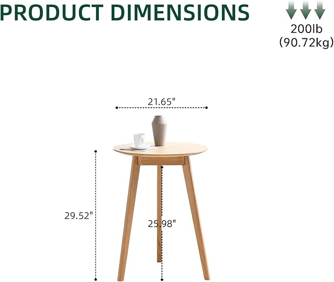 100% Solid Oak Small Tall Side Table, Mid Century Modern Coffee Table for Small Spaces, Living Room End Table with Stable Frame for Bedroom Couch, (Natural, 21.65" D x 21.65" W x 29.53" H)-Ruum Studio Home