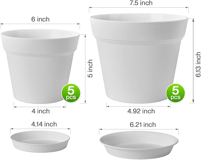 homenote Plant Pots,6/7.5 Inch Flower Pots for Plants Plastic Planters for Indoor with Multiple Drainage Holes and Trays, for All Home Garden Flowers Succulents,Outdoor(White,10 Pack)-Ruum Studio Home