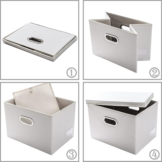 PRANDOM Collapsible Storage Bins with Lids [3-Pack] Leather Fabric Foldable Storage Boxes Organizer Containers Baskets Cube with Cover for Bedroom Closet Office Nursery White (14.9x10.8x10)-Ruum Studio Home