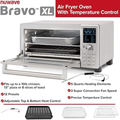 Nuwave Bravo Air Fryer Toaster Smart Oven, 12-in-1 Countertop Convection, 30-QT XL Capacity, 50°-500°F Temperature Controls, Top and Bottom Heater Adjustments 0%-100%, Brushed Stainless Steel Look-Ruum Studio Home