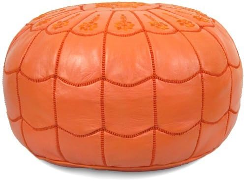 Stuffed Arch Design Moroccan Leather Pouf Ottoman, Handmade, Pre-Filled, 100% Genuine Leather, 14” Height x 22” Diameter – Boho Chic Footstool & Living Room Décor (Orange)-Ruum Studio Home