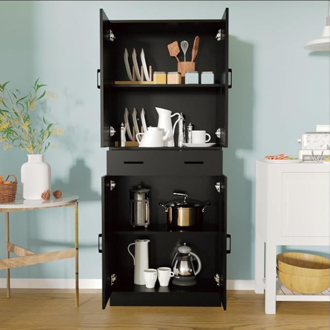 Black Kitchen Pantry, 71" Tall Storage Cabinet with Doors and Drawer for Kitchen, Hallway, Office-Ruum Studio Home