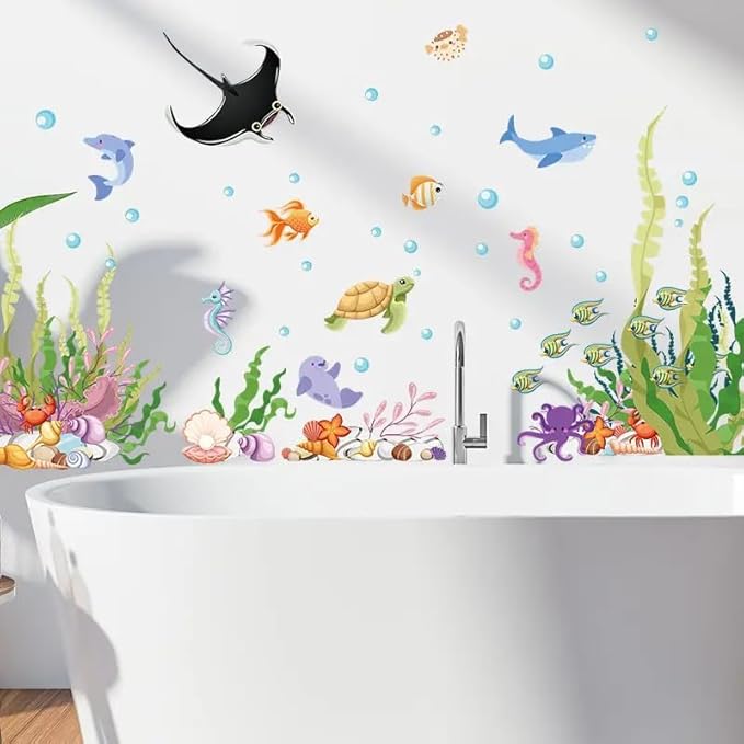 2 Sheets of 12x36 Inch Spring Summer Window Cling Sticker Fish, Plants, Aquatic Theme Window Stickers, Spring and Summer Decor, Home, Shop, Party Window, Glass, Wall Display Stickers (Aquatic Theme)-Ruum Studio Home