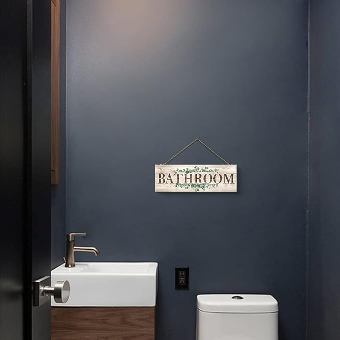 Bathroom Sign Wall Decor, Bathroom Wall Art with Plant Print, Rustic Farmhouse Wall Hanging Plaque Home Kitchen Decorative Bathroom, 4.7 x 13.7 inches-Ruum Studio Home