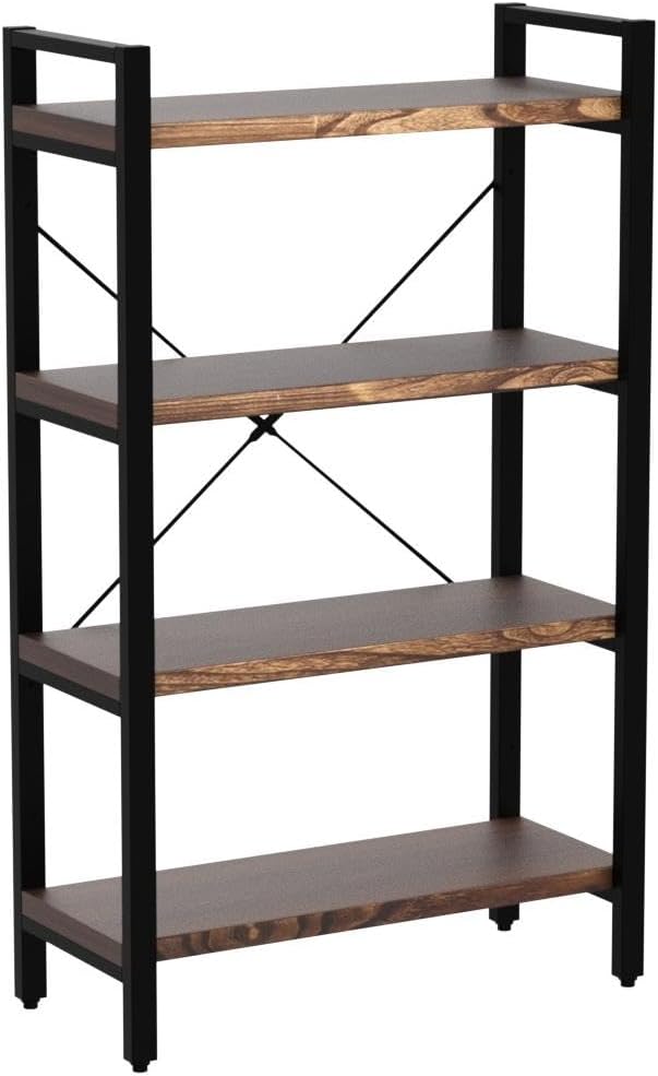 Solid Wood Bookshelf, 4-Tier Rustic Vintage Industrial Etagere Bookcase, Open Metal & Wood Vintage Book Shelf, Retro Brown-Ruum Studio Home