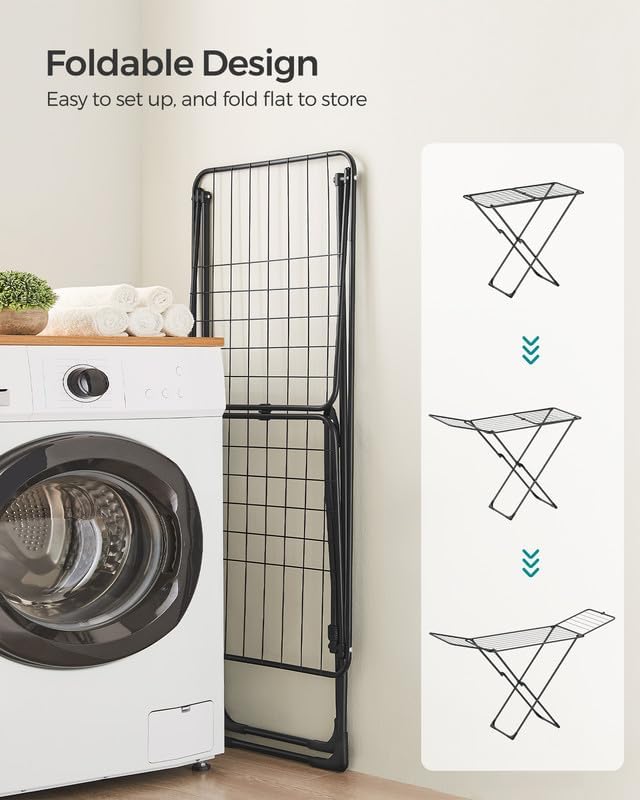 SONGMICS Clothes Drying Rack, Metal Laundry Drying Rack, Foldable, Space-Saving, Free-Standing Airer, with 2 Gullwings, Indoor Outdoor Use, Bed Linen Clothing, Black ULLR540B01-Ruum Studio Home