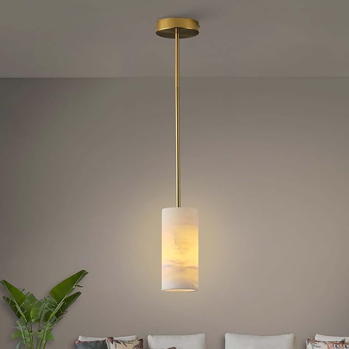 Alabaster Pendant Light Kitchen Island, H-9.5in Brass Pendant Light Fixtures with Natural Marble Shade, Adjustable Ceiling Pendant for Dining Room, Living Room, Bedroom & Bathroom-Ruum Studio Home
