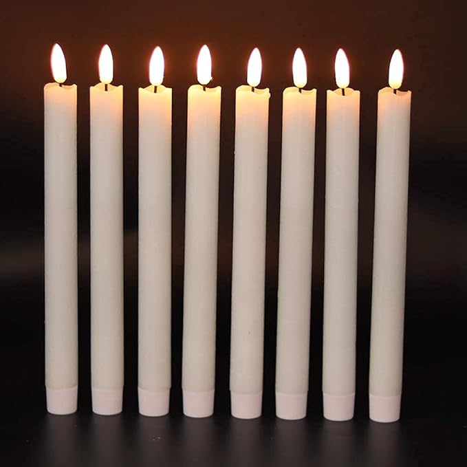 GenSwin Flameless Flickering Taper Candles with 2 Remote Controls and Timer, Real Wax 3D Wick Light Window Candles Battery Operated Pack of 8, Christmas Home Wedding Decor(White, 0.78 X 9.64 Inch)-Ruum Studio Home