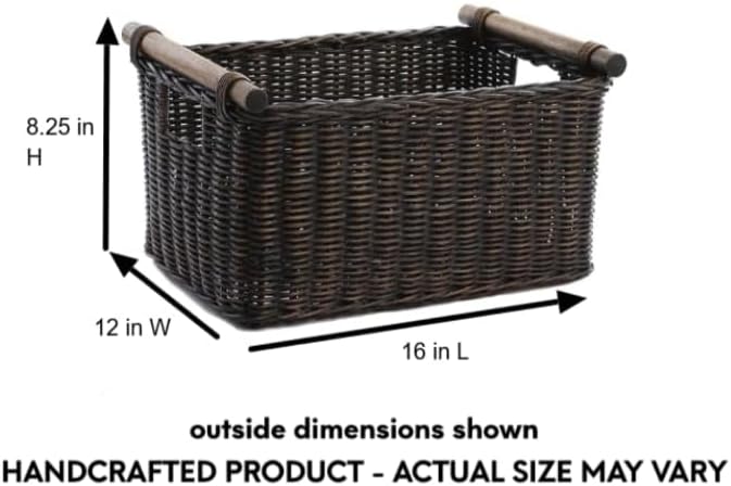 The Basket Lady Pole Handle Wicker Storage Basket, Medium, 16 in L x 12 in W x 8.25 in H, Antique Walnut Brown-Ruum Studio Home
