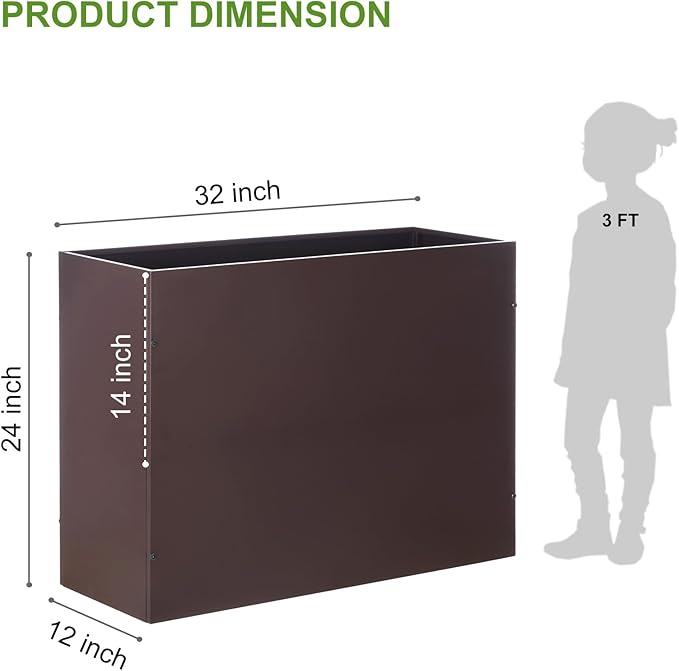 Metal Rectangular Planter Box Tall Planters for Outdoor Plants Modern Heavy Duty with Drainage Holes for Outside Indoor Patio Deck - Brown, 32”x 12”x 24”-Ruum Studio Home