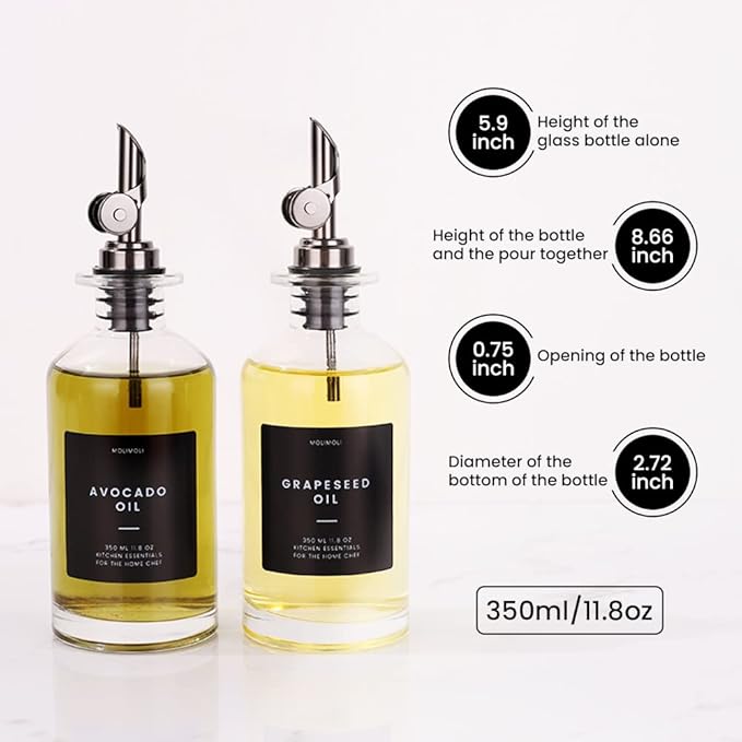 Molimoli Oil and Vinegar Dispenser with Metal Pour Spout, Weighted Pourer, Glass Bottle Dispenser for Kitchen, Olive Oil Cruet, Glass Olive Oil Bottle |350ml, Set of 2-Ruum Studio Home