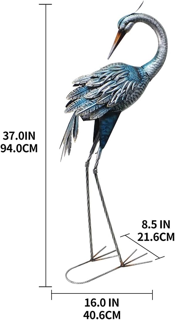 37 Inch Blue Heron Crane Statue, Metal Yard Art Outdoor Decoy, Garden Sculpture for Lawn/Pond Decoration, 1Pc, ORTBL-CR24053A-18-Ruum Studio Home