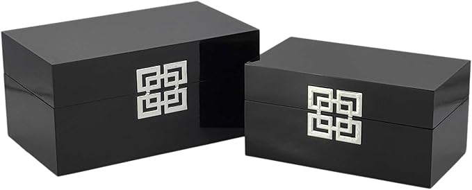 Galt International Storage Box Set Decorative Storage Box w/Hinged Lid Classic Design Wood Decor Boxes with Geometric Clasp Storage for Bedroom & Home - Set of 2 (Black & Silver)-Ruum Studio Home