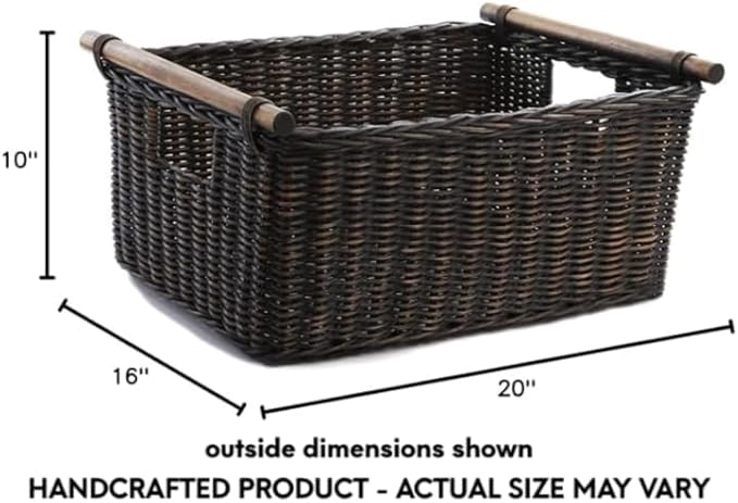 The Basket Lady Pole Handle Wicker Storage Basket, Extra Large, 20 in L x 16 in W x 10 in H, Antique Walnut Brown-Ruum Studio Home