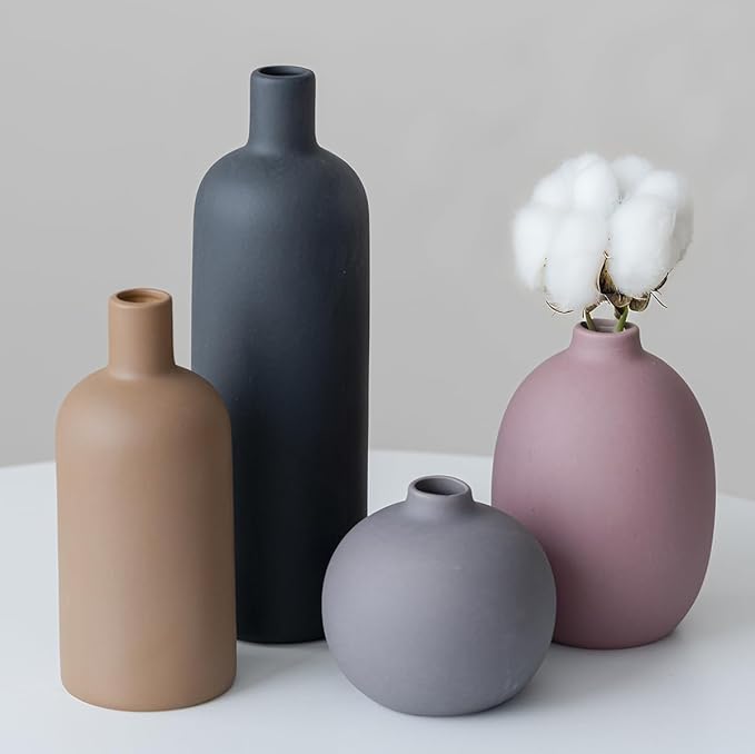 Modern Ceramic Vase Set, Neutral Colors, Decorative Vases for Home Shelf Decor, 4 Piece Collection (Black Mix Set 4)-Ruum Studio Home