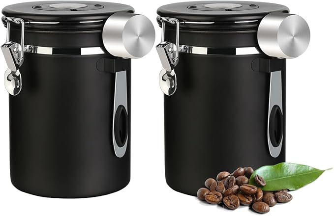 Coffee Canister Airtight Coffee Storage Container Stainless Steel Air Tight Coffee Jar with Scoop, Date Tracker and CO2 Release Valve for Beans, Ground, Tea, Flour, Cereal and Sugar (2pcs-Black-1.8L)-Ruum Studio Home