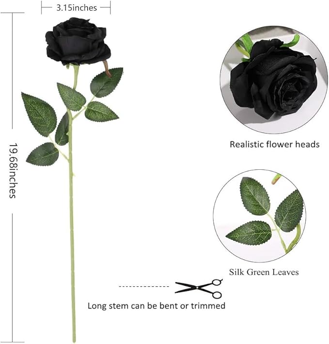 Black Fake Roses Artificial Flowers - 10 Pcs Fake Artificial Roses Silk Flowers with Stems for Home Wedding Hotel Office Centerpiece Decor-Ruum Studio Home