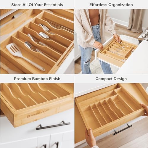Premium Silverware, Flatware and Utensil Organizer for Kitchen Drawers, Food-Safe Contract Grade, Expandable from 18 to 33 In, Natural Bamboo-Ruum Studio Home
