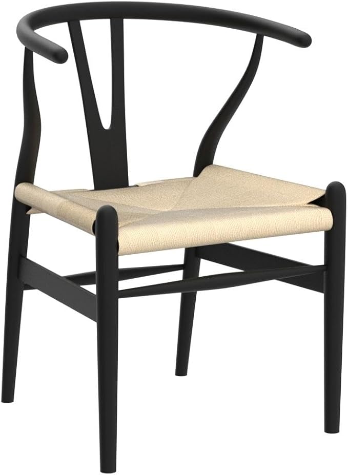 Wishbone Chair Natural Solid Wood Dining Chair/Hans Vegner Y Chair Rattan and Wood Accent Armrest Chairs Set of 2 (Ash Wood - Black + Natural Cord 2 Chairs)-Ruum Studio Home