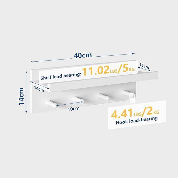 Wood Coat Hook with Wall-Mounted Shelf,15.75in Entryway Wall Hanging Shelf,for Bathroom, Kitchen,Coat Towel Key Organizer White YD-WS0240W-Ruum Studio Home
