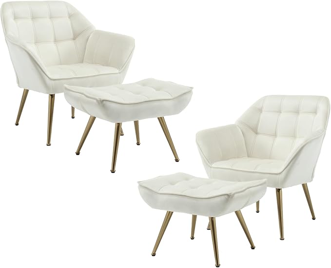 Modern Velvet Accent Chair with Ottoman Set of 2, Upholstered Lounge Chair with Footrest, Comfy Living Room Chair with Gold Legs Accent Side Chair Armchair for Small Space Bedroom, Beige-Ruum Studio Home
