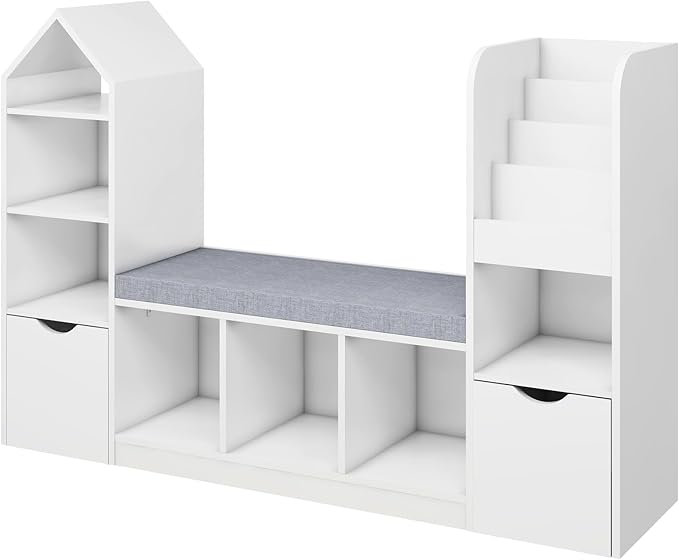Vabches Kids Bookcase and Bookshelf with Reading Nook, Multifunctional Bookcase with 7 Storage Cubbies 2 Movable Drawers, Bookcases with Seat Cushion for Toy Storage Organizer Children's Room, Bedroom-Ruum Studio Home