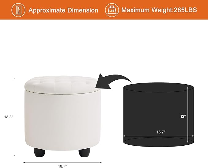 Furniliving Upholstered Button Tufted Round Ottoman, PU Storage Ottoman Round, Removable Lid Convenient Footstools, Classic Ottoman with Storage for Vanity, Nursery Room，IvoryWhite-Ruum Studio Home