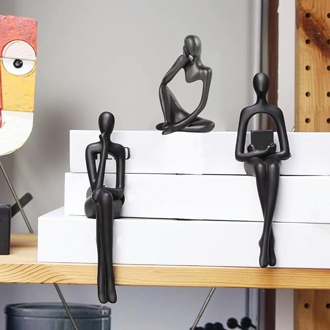 Home Decor Thinker Statue Accents, Set of 3 Thinker Sculptures Office Decor Modern Abstract Resin Decoration on Shelf Table Desk for Living Room Office Bedroom (Small Black)-Ruum Studio Home