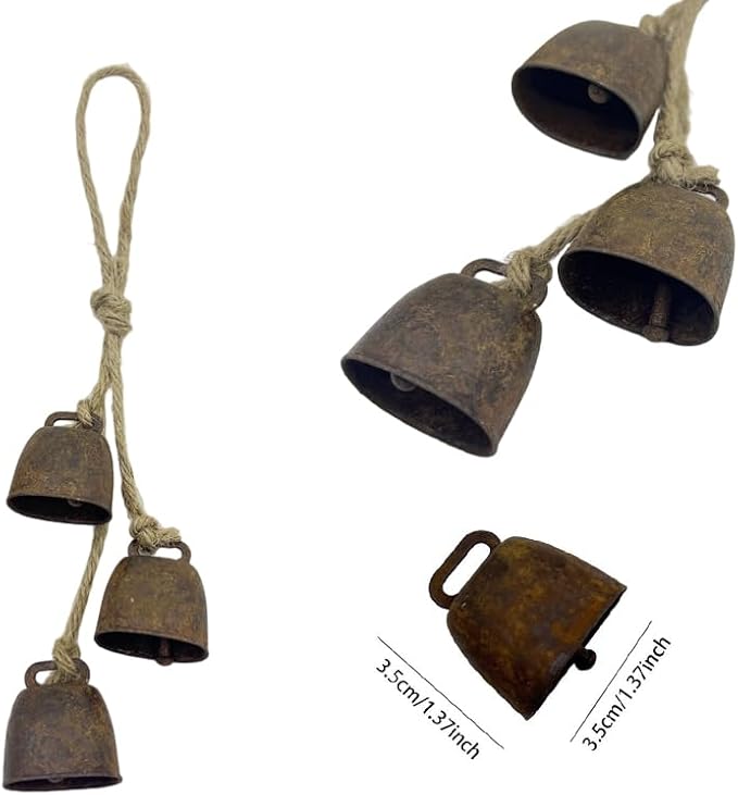 2pc Rustic Charm Bell - Handmade Hemp Rope Wind Chimes Hanging Decoration, Distressed Finish Cow Bell with Jute Hanging Rope, Perfect for Front Door, Outdoor, Window, and Home Decor,-Ruum Studio Home
