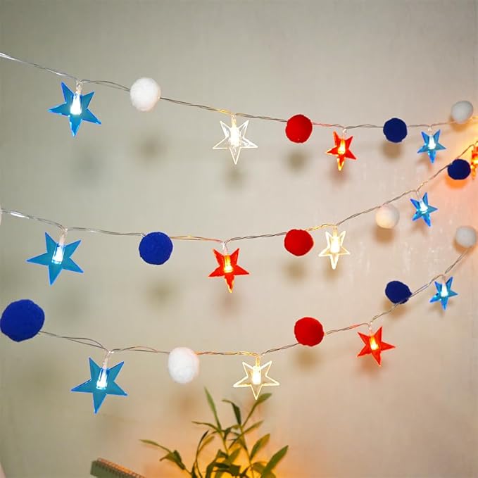4th of July Decorations 9.85FT Red White and Blue Star String Lights Pom Pom Star Lights Battery Operated with Timer Fairy Lights for Independence Day Memorial Patriotic Fourth of July Decor for Home-Ruum Studio Home