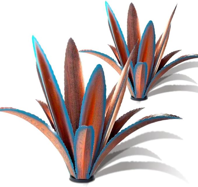 TOMBABY Enlarge Thickened Wind Resistant Iron Agave Metal Plant Country Garden Sculpture Statue Outdoor Decoration Agave Metal Plant Courtyard Garden Lawn Ornament Gift (2, 12 Leaves Blue)-Ruum Studio Home