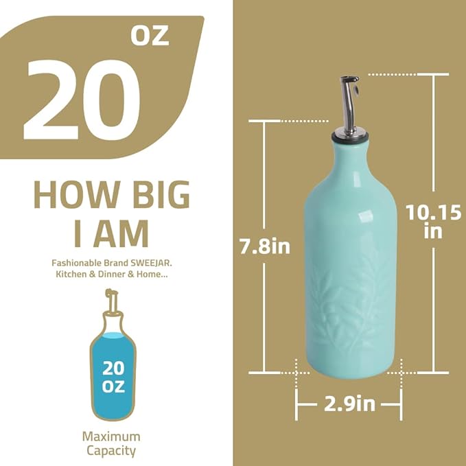 Sweejar Ceramic Olive Oil Dispenser Bottle, 20 Oz Relief Opaque Oil Cruet Protects To Reduce Oxidation, Suitable for Storage,Vinegar, Soy Sauce,Liquids,Set of 2 (White White)-Ruum Studio Home