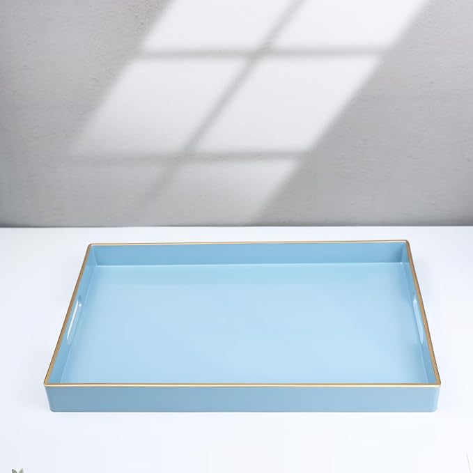 Spsyrine Blue Decorative Serving Tray with Handles, Elegant Plastic Coffee Table Tray for Ottoman, Living Room, Home Decor 15.6" X 10.2" Light Blue-Ruum Studio Home