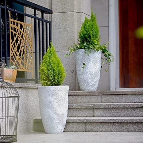 Worth Garden 2-Pack 21" H. White Tall Planters - 14'' Dia Resin Large Round Flower Pots for Outdoor Plants Trees - Imitation Stone Finish Plastic Indoor Front Porch 9 Gallon Decorative Container Patio-Ruum Studio Home