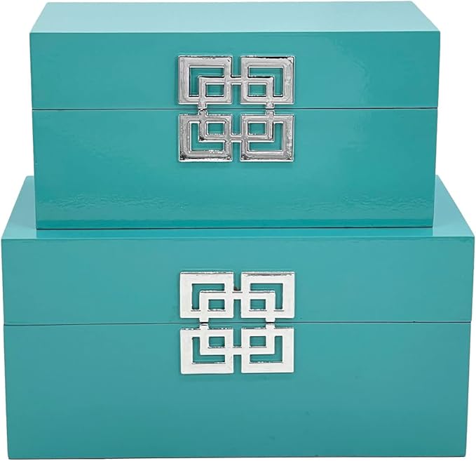Galt International Large & Small Decorative Storage Box w/Hinged Lid - Classic Design Wood Decor Boxes with Geometric Opening Clasp - Storage for Bedroom and Home - Set of 2 (Blue)-Ruum Studio Home