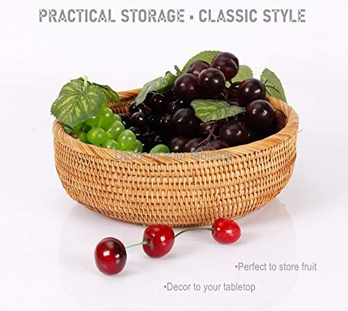 Hadewoven Round Rattan Fruit Basket Wicker Food Tray Weaving Storage Holder Dinning Room Bowl, 9 Inch Woven Bread Basket Key Bowls with 3.5”Wall for Table, Countertop (Medium 8.66")-Ruum Studio Home