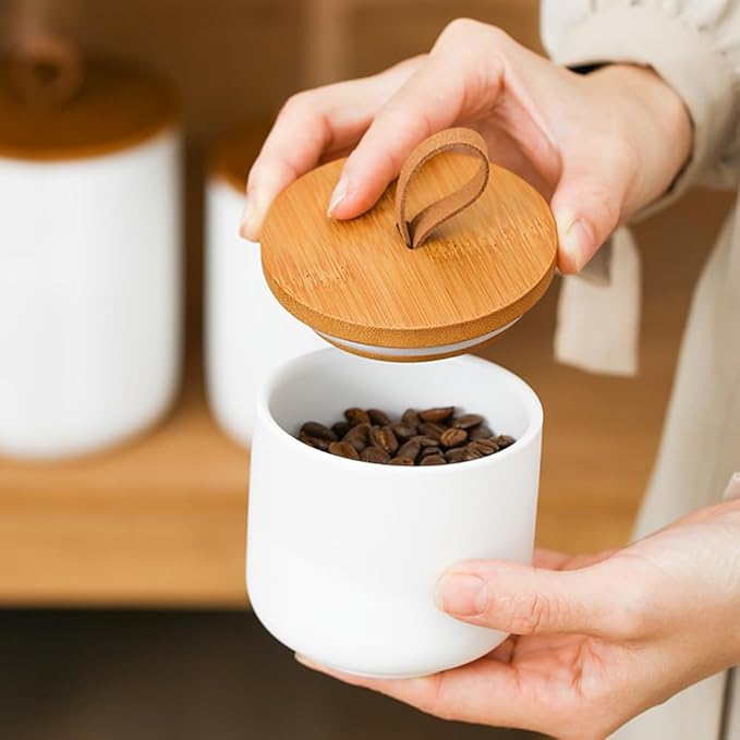 YYW Kitchen Canister Set for Countertop Set of 3, 9/28/45 oz Ceramic Food Storage Containers with Airtight Wood Lids, Food Saver Jars for Coffee, Tea, Candy, Flour(Three-piece suit in white)-Ruum Studio Home
