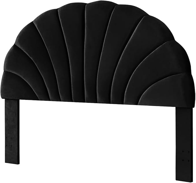 24KF Stunning Crown Design King Headboard, Upholstered Soft Velvet Petal Pattern Headboard King/CA King-Black-Ruum Studio Home