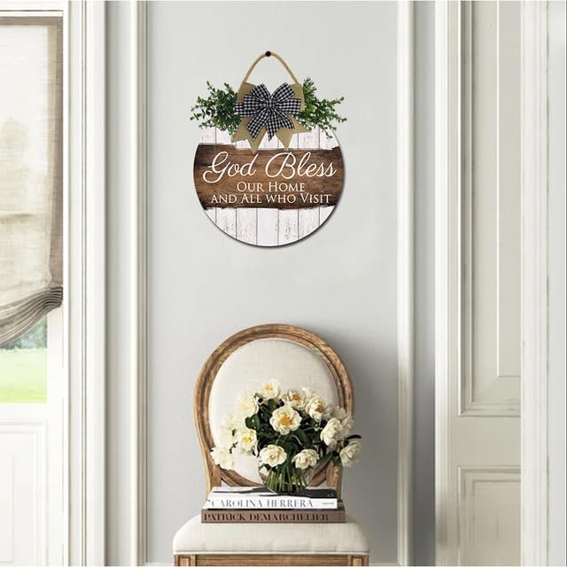 FemiaD God Bless This Home and All Who Enter Sign for Front Door Funny Wreaths Hanging Wooden Plaque Decoration Round Rustic Wood Farmhouse Porch Decor for Home Front Door Decor 11inch-Ruum Studio Home