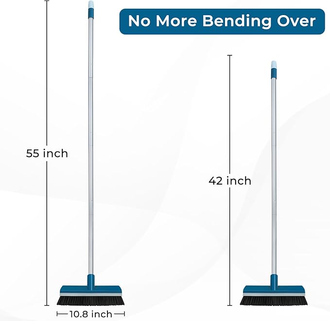 Stiff Bristle Deck Brushes for Scrubbing Heavy Duty with Rubber Scrape Squeegee, 55” Long Handle Scrub Brush for Bathroom Shower Carpet Outdoor Floor Cleaning (Head Size: 10.8”)-Ruum Studio Home