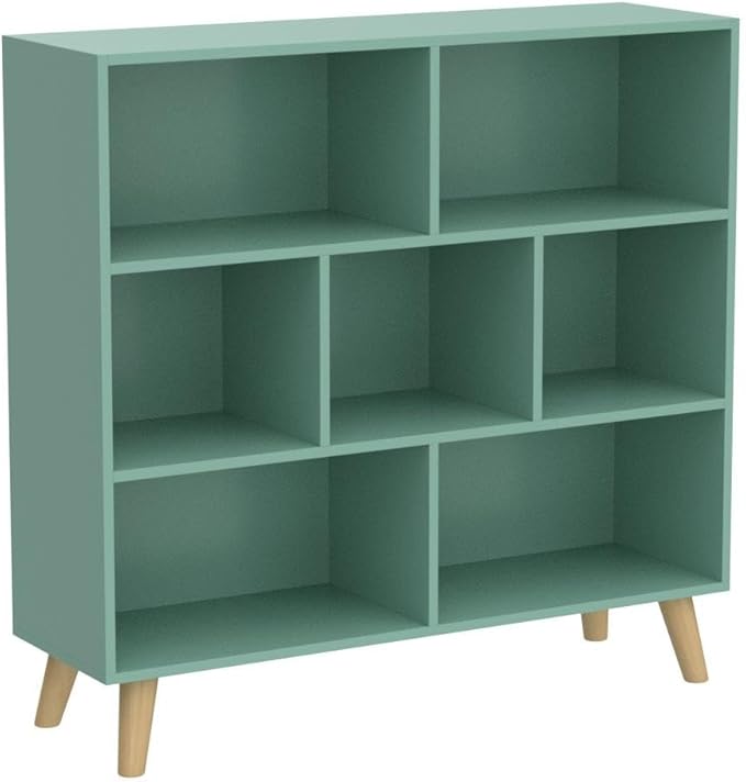 IOTXY Wooden Open Shelf Bookcase - 3-Tier Floor Standing Display Cabinet Rack with Legs, 7 Cubes Bookshelf, Tiffany-Green-Ruum Studio Home