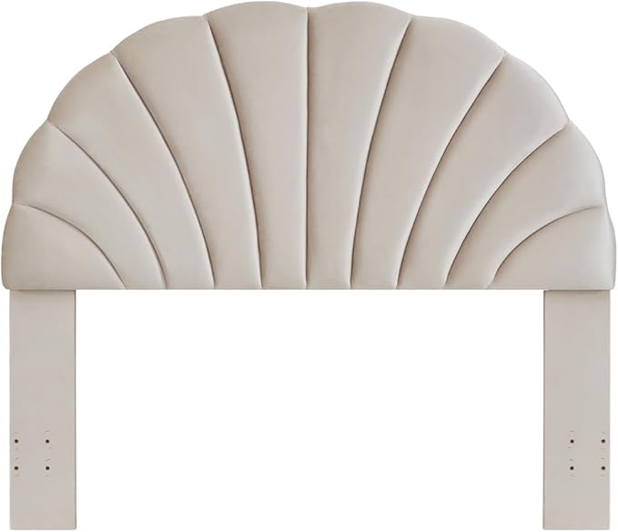 24KF Stunning Crown Design Queen Headboard, Upholstered Soft Velvet Petal Pattern Headboard Queen/Full-Beige-Ruum Studio Home