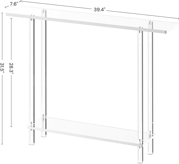 Acrylic Narrow Console Table for Entryway, 7.6" D x 39.4" W x 31.5" H, Square Legs, Skinny Entry Table for Sofa, Foyer, Hallway, Living Room, Modern, 2-Tier, Clear-Ruum Studio Home