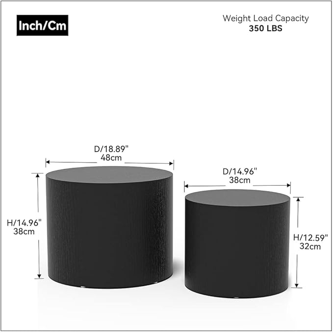 Nesting Coffee Table Set of 2, Modern Round Coffee Table with Non-Slip Feet, Wooden Circle Accent Tables for Small Spaces Living Room Bedroom Balcony Office Drum Side Table (Black)-Ruum Studio Home