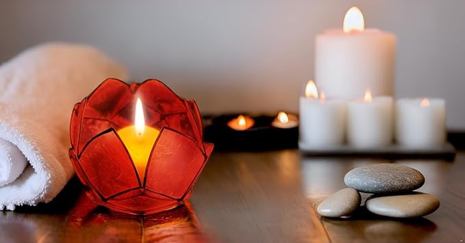 Blooming Lotus Capiz Shell Tealight Candle Holder, Handcrafted Decorative Tea Light Candleholder with Translucent Flower Petals for Ambient Illumination and Natural Elegance, Red-Ruum Studio Home