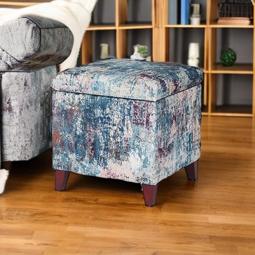 Adeco 18 Inch High Cube Ottoman Storage, Linen Chair Foot Stools, Upholstered Vanity Stool with Hinged Lid, Solid Wood Legs-Ruum Studio Home