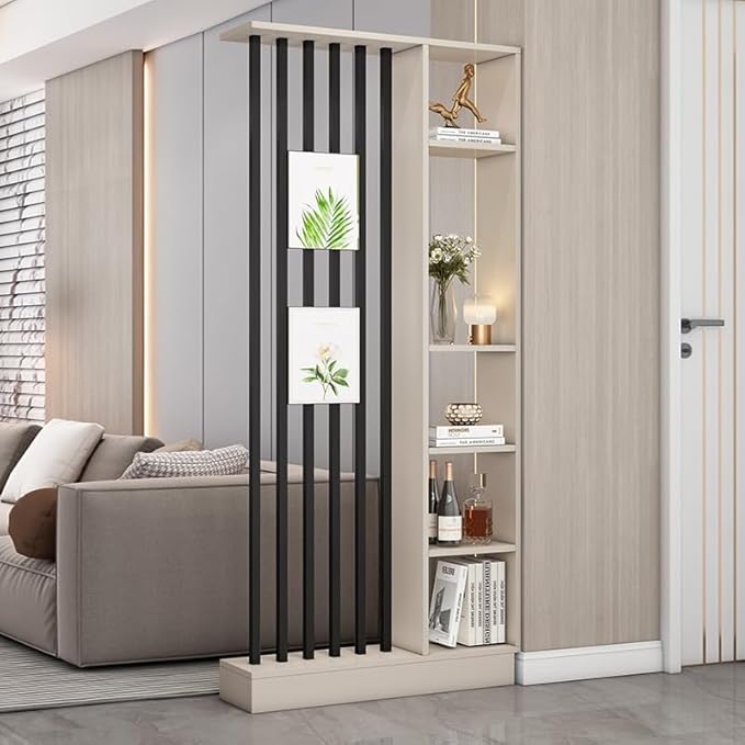 Wall Room Divider, Storage Cabinet Storage Display with Shelves, Modern Freestanding Wood Room Divider Screen, Wall Privacy Screens for Home Decorative (Beige+Black,35.4" L x 9.5" W x 79.5" H)-Ruum Studio Home