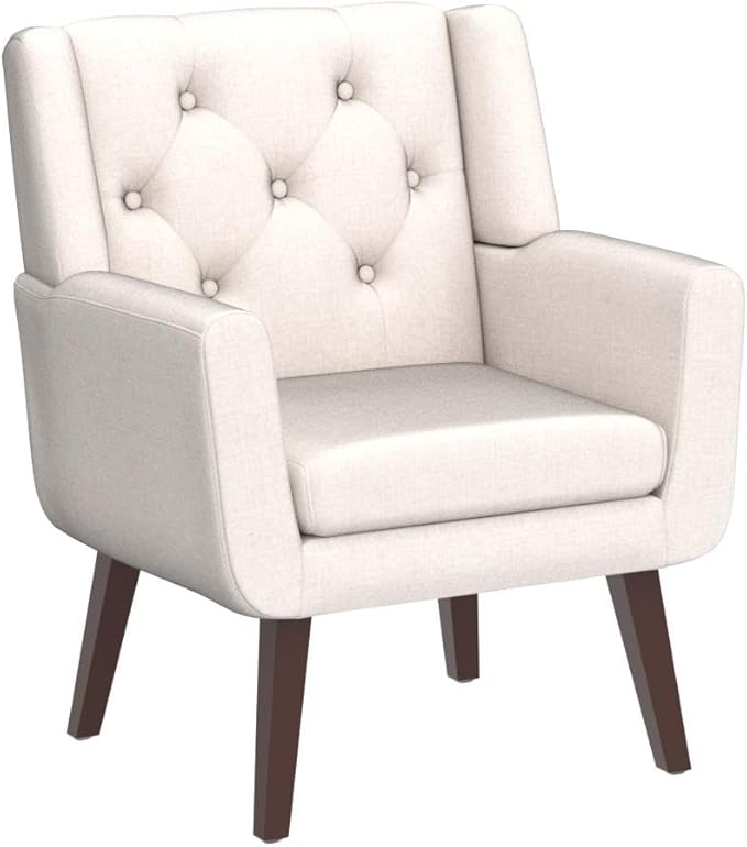 Living&Giving Accent Chair Button-Tufted Upholstered Living Room Chairs Comfy Reading Mid Century Modern with Linen Fabric Lounge Arm for Bedroom (Beige) 29.33D x 28.94W x 34.65H Inch-Ruum Studio Home